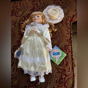 Victoria Porcelain Doll  White Dress Blonde Hair The Promenade Collection W/ Hat